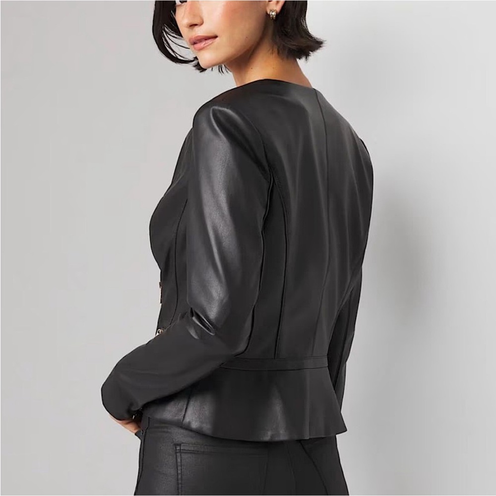 WHBM BLACK FAUX LEATHER MOTO JACKET - Picture 4 of 5